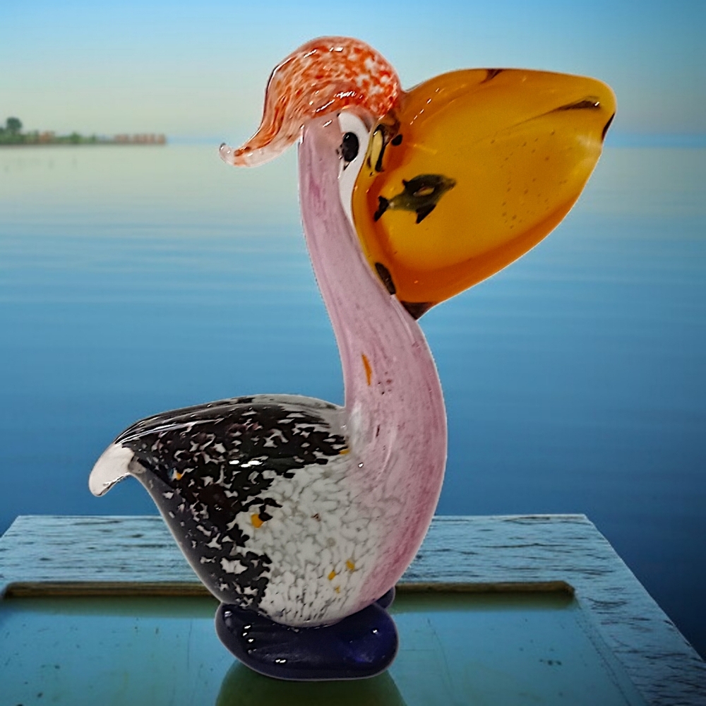 Vintage Art Glass Pelican Fishbowl‎ Mouth Figure Handblown Murano Style Colorful